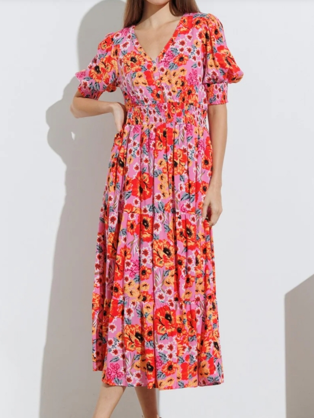 Pink Floral Puff-Sleeve Smocked Midi Dress